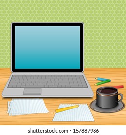 Laptop and coffee, vector illustration 