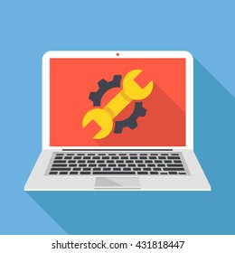 Laptop with cog and wrench repair icon. Repair service, maintenance, customization, restore concepts. Flat design vector illustration