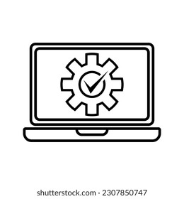 laptop with cogwheel and checkmark icon vector