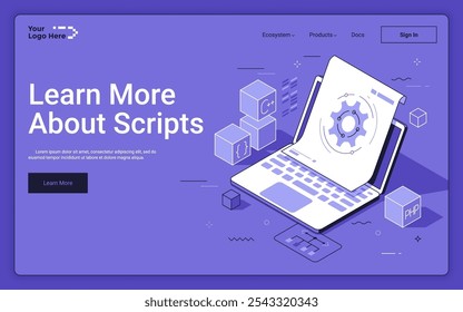 Notebook com roda dentada e blocos de dados em fundo roxo. Modelo isométrico da página inicial de scripts. Sequência de instruções interpretadas pelo programa de computador ilustração vetorial 3d para página da Web
