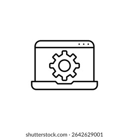 Laptop and cogwheel. System settings, automation tools, technical support, IT and administration. Pixel perfect, editable stroke vector icon