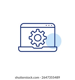 Laptop e roda dentada. Configurações do sistema, ferramentas de automação, suporte técnico, TI e administração. Pixel perfeito, ícone de vetor editável