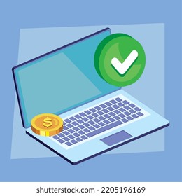 laptop with coin and check