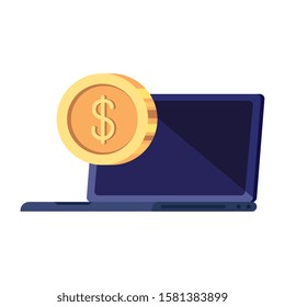 Laptop and coin design, Digital technology communication social media internet web and wireless theme Vector illustration