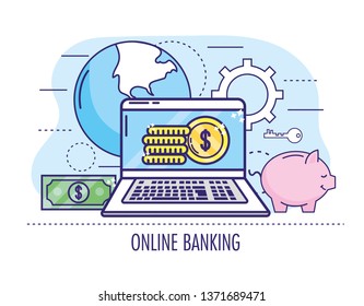 laptop with coins and bill to online banking