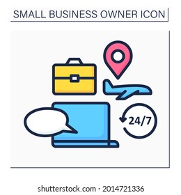 Laptop Color Icon. Travel Consultation. Day-and-night Client Support. Advice About Business Trip, Timely Residence.Small Business Owner Concept. Isolated Vector Illustration