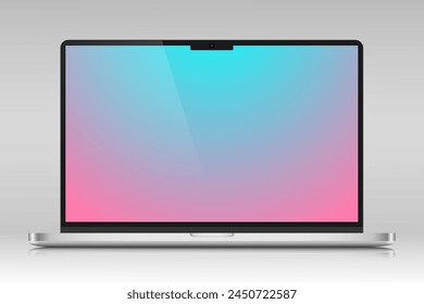 A laptop with a color screen and a glare on a gray gradient background. Realistic laptop layout in a silver thin metal case. Vector EPS 10.