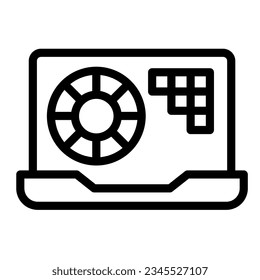 Laptop and color wheel palette on screen line icon, design concept, pie chart diagram vector sign on white background, outline style icon mobile concept web design. Vector graphics.