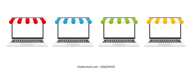 Laptop with colorful awning set. Online shopping with empty laptop screen collection. Vector illustration isolated on white.
