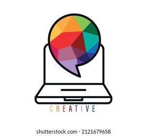 Laptop with colorful speech bubble. creative design. communication concept. editable vector
