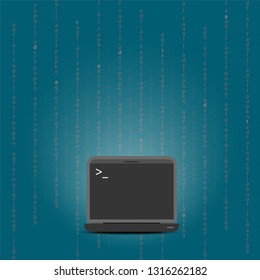 laptop command line with random alphabet in the background