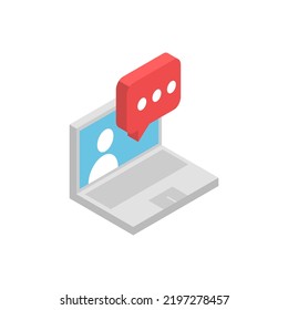 Laptop communication isometric icon. Man on screen and speech bubble