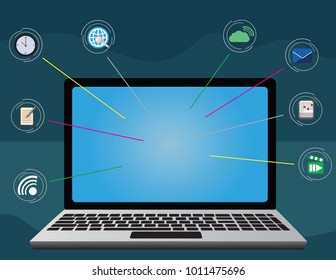 Laptop with communication and web app icons