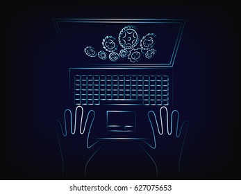laptop with complex gearwheel mechanism on the screen, concept of customizing settings or data processing (vector illustration with neon effect on mesh background)