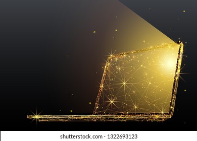 A laptop composed of polygons. Low poly vector illustration. Notebook consists of lines, dots and shapes. Internet or digital or devices and computer symbol. Isolated abstract gold on black background