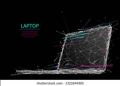 A laptop composed of polygons with polygons. Low poly vector illustration consists of lines, dots and shapes. Internet or digital or devices and computer symbol. Isolated abstract white on black image
