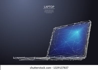 A laptop composed of polygons. Low poly vector illustration of a white metal style with color accent. Notebook consists of lines, dots and shapes. Internet or digital or devices and computer symbol.