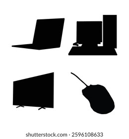 Laptop, compueter digital screen and mouse Black Silhouette on white background