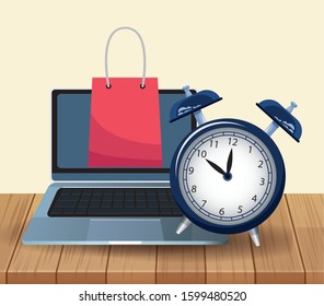 Laptop compurter, clock and shopping bag over wooden table and white background, colorful design, vector illustration
