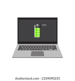 Laptop computer with 80% battery icon on screen, flat vector illustration EPS 10.