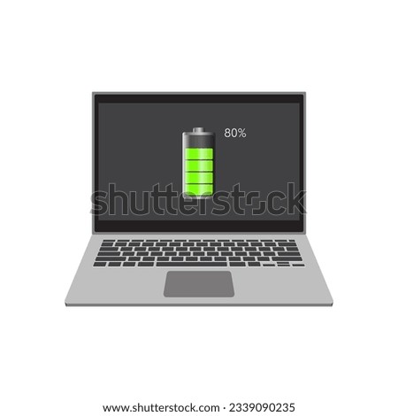 Laptop computer with 80% battery icon on screen, flat vector illustration EPS 10.