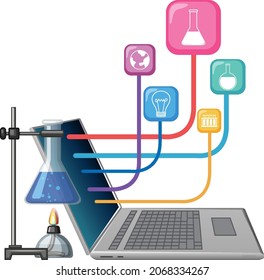 Laptop computer with academic icon on white background illustration