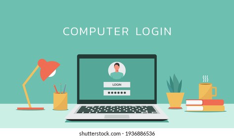 laptop computer account login and password of the user to the system with authorization on the screen, flat design vector illustration