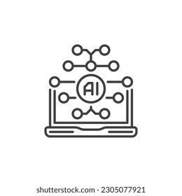 Laptop Computer with AI Brain vector Artificial Intelligence concept icon or symbol in outline style