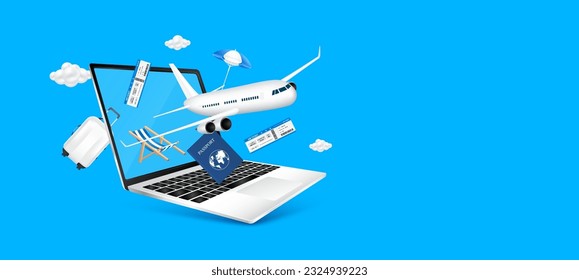 Laptop computer with airplane taking off with space for text. Deck chair umbrella luggage, air ticket and passports. Search to travel destination accommodation, booking flight online. 3D Vector EPS10.