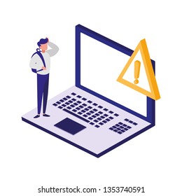 laptop computer with alert symbol