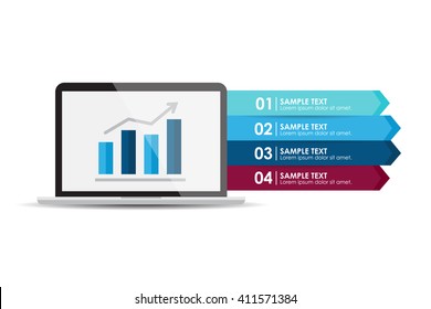 Laptop computer with analysis report. Banner info graphic. Vector illustration