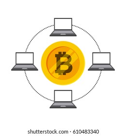 laptop computer around golden bitcoin icon over white background. vector illustration