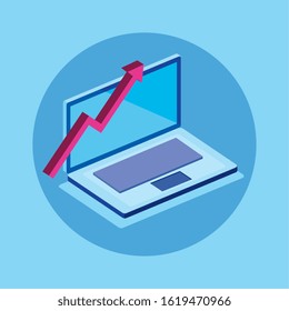 laptop computer with arrow up isolated icon vector illustration design