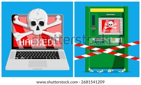 Laptop computer and ATM machine hacked, showing skull and crossbones with alert message. Cyber security and digital data concept.