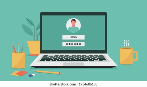 laptop computer with authorization on the screen, account login and password of the user to the system, flat vector illustration