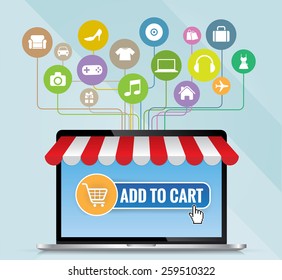 Laptop computer with awning and basket on line shop, cartoon e-commerce concept vector