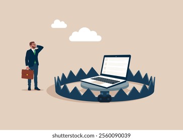 Laptop computer bait in a bear trap. Phishing, online scam, trojan, malware. Flat vector illustration