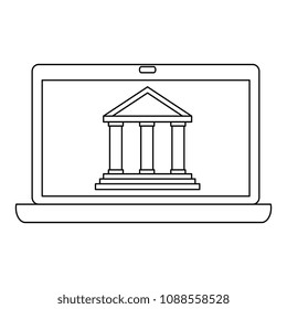 laptop computer with bank building
