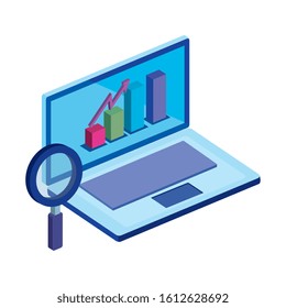 laptop computer with bars statistical and magnifying glass vector illustration design
