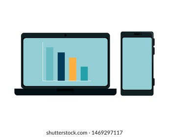 laptop computer with bars statistics and smartphone