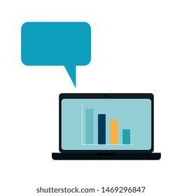 laptop computer with bars statistics and speech bubble