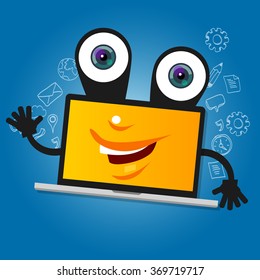 laptop computer big eyes character cartoon smile with hands yellow mascot face happy