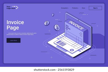 Laptop computer with bill to pay form and flying coins on purple background. Invoice landing page isometric template. Financial papers online control service 3d vector illustration for web page