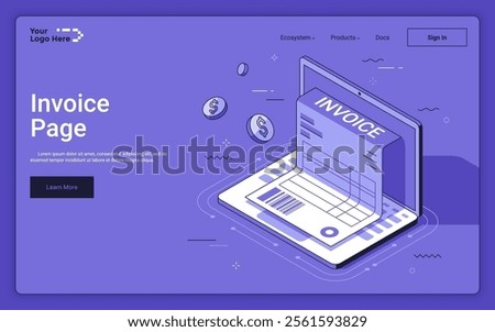 Laptop computer with bill to pay form and flying coins on purple background. Invoice landing page isometric template. Financial papers online control service 3d vector illustration for web page