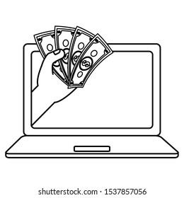 laptop computer with bills dollars vector illustration design