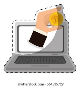 laptop computer and bitcoin currency over white background. colorful design. vector illustration 