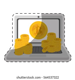 laptop computer and bitcoin currency over white background. colorful design. vector illustration 