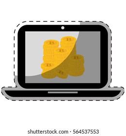 laptop computer and bitcoin currency over white background. colorful design. vector illustration 