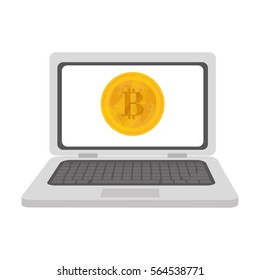 laptop computer and bitcoin currency over white background. colorful design. vector illustration 