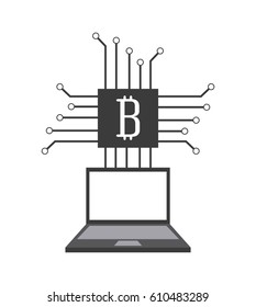 laptop computer with bitcoin icon over white background. vector illustration